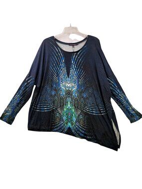 Robert Kitchen Asymmetric Top XL Black Blue Peacock Novelty Artsy Indie Festival